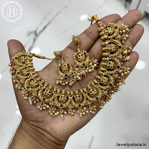 Beautiful Gold Finish Kemp Stone Temple Design Necklace  JH4157