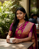 Woman in traditional saree holding a cup outdoors with greenery in the background