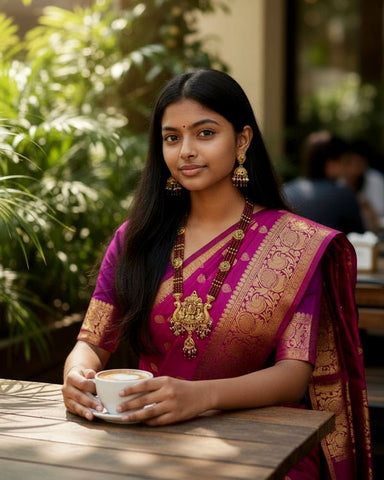 Woman in traditional saree holding a cup outdoors with greenery in the background