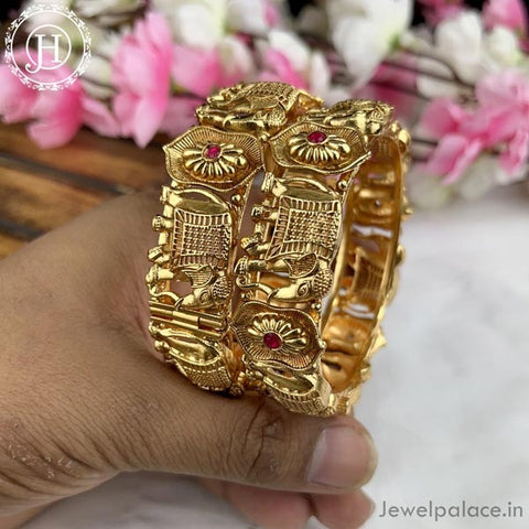 Exclusive Gold Plated Matte Finish Kemp Stone Temple Bangles JH4345
