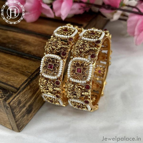 Exclusive Gold Plated Matte Finish Kemp Stone Temple Bangles JH4346