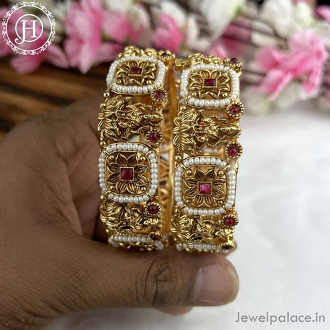 Exclusive Gold Plated Matte Finish Kemp Stone Temple Bangles JH4346