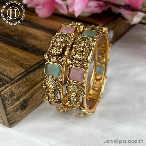 Exclusive Gold Plated Matte Finish Kemp Stone Temple Bangles JH4347