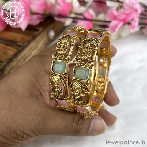 Exclusive Gold Plated Matte Finish Kemp Stone Temple Bangles JH4347
