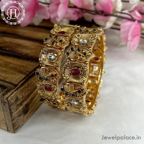 Exclusive Gold Plated Matte Finish Kemp Stone Temple Bangles JH4348