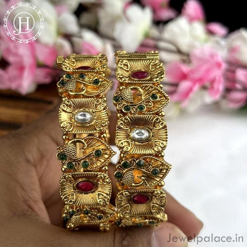 Exclusive Gold Plated Matte Finish Kemp Stone Temple Bangles JH4348