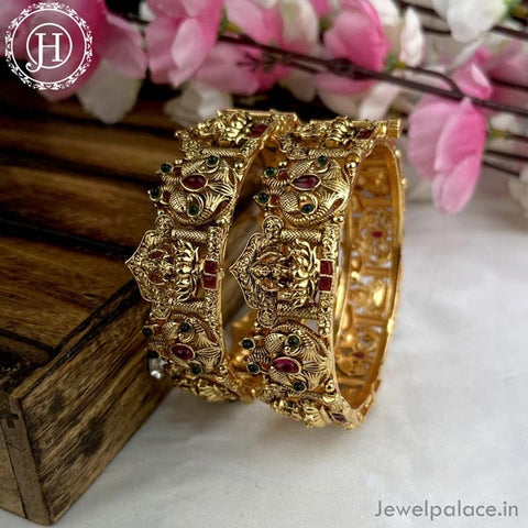 Exclusive Gold Plated Matte Finish Kemp Stone Temple Bangles JH4349