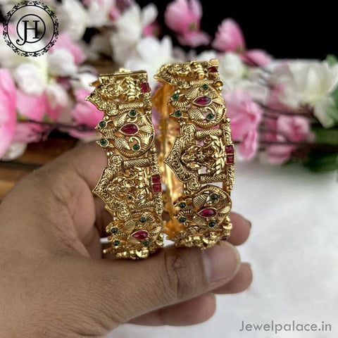 Exclusive Gold Plated Matte Finish Kemp Stone Temple Bangles JH4349
