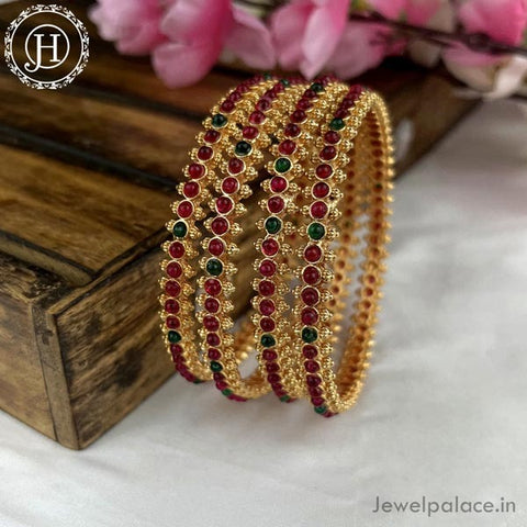 Exclusive Gold Plated Matte Finish Kemp Stone Temple Bangles JH4350