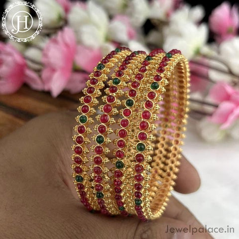 Exclusive Gold Plated Matte Finish Kemp Stone Temple Bangles JH4350