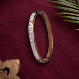 A slim bangle bracelet with a polished rose gold finish and a row of clear pavé stones on one side, displayed on a textured dark red fabric background with a green palm leaf in the corner.
