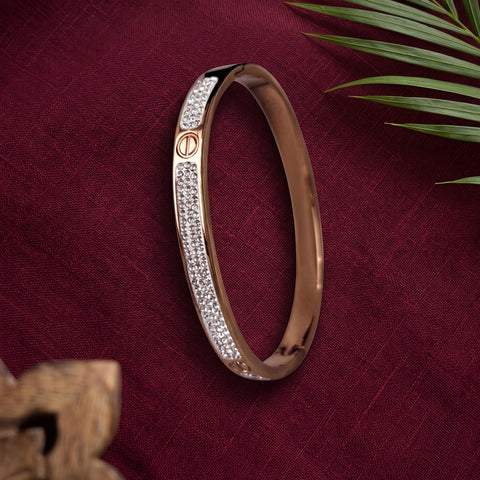 A slim bangle bracelet with a polished rose gold finish and a row of clear pavé stones on one side, displayed on a textured dark red fabric background with a green palm leaf in the corner.