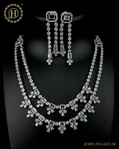 Beautiful Rhodium Plated Alloy AD Stone Two Layers Premium Necklace JH4783