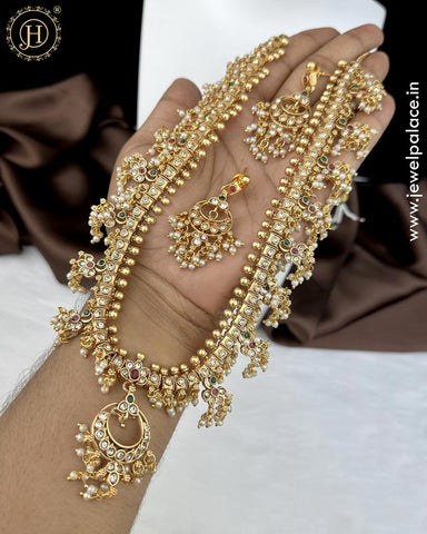 Trendy Antique Gold Plated Pearls Kemps Stone Long Haram Set JH5235