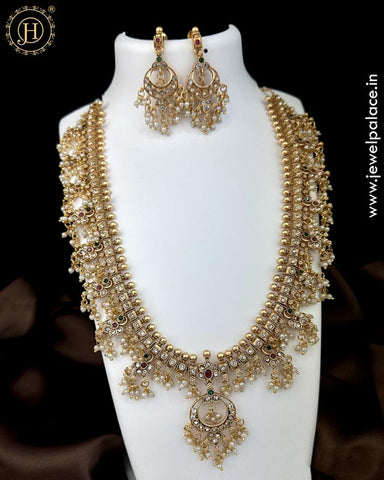 Trendy Antique Gold Plated Pearls Kemps Stone Long Haram Set JH5235