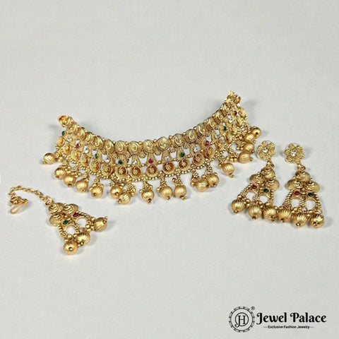 Elegant Gold Plated Temple Choker Set With Earrings JH5257
