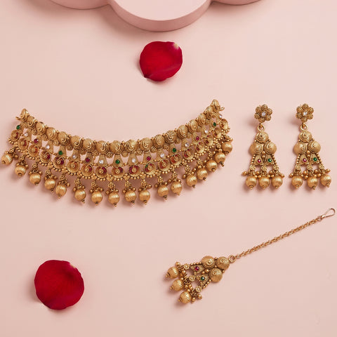 Elegant Gold Plated Temple Choker Set With Earrings JH5257