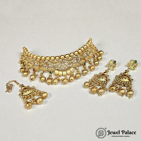 Elegant Gold Plated Temple Choker Set With Earrings JH5258