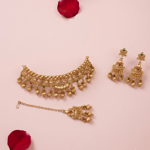 Elegant Gold Plated Temple Choker Set With Earrings JH5258
