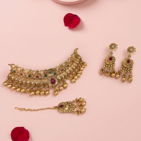 Elegant Gold Plated Temple Choker Set With Earrings JH5260