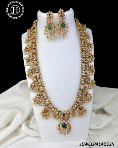 Trendy Antique Gold Plated Pearls Kemps Stone Long Haram Set JH5271