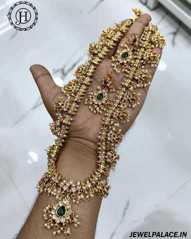 Trendy Antique Gold Plated Pearls Kemps Stone Long Haram Set JH5271