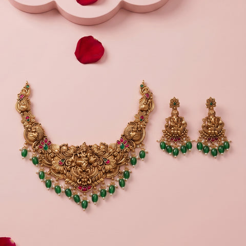 Exclusive Gold Plated Pearls Kemps Stone 3D Temple Necklace Set JH5297