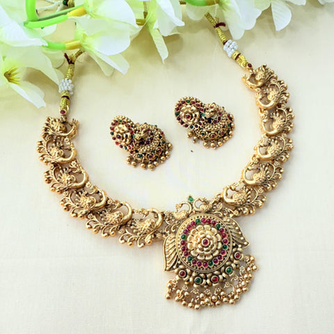 Beautiful Gold Plated Kemp Stone Peacock Design Necklace JH5395
