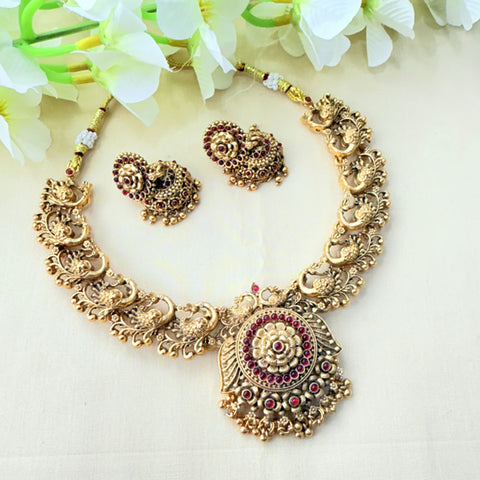 Beautiful Gold Plated Kemp Stone Peacock Design Necklace JH5395