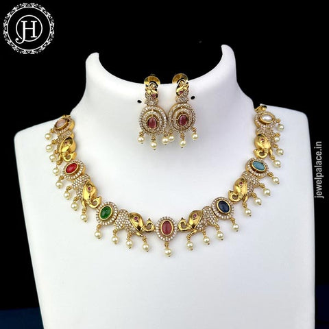 Elegant Gold Plated AD Stone Elephant Design Necklace JH5424