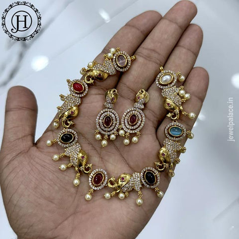 Elegant Gold Plated AD Stone Elephant Design Necklace JH5424