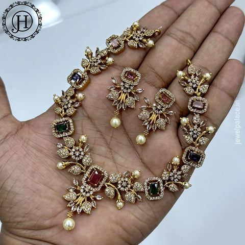 Beautiful Gold Plated AD Stone Floral Design Necklace JH5425