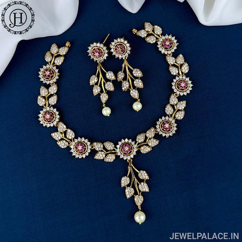 Beautiful Gold Finish AD Stone Floral Leaf Design Necklace JH5450