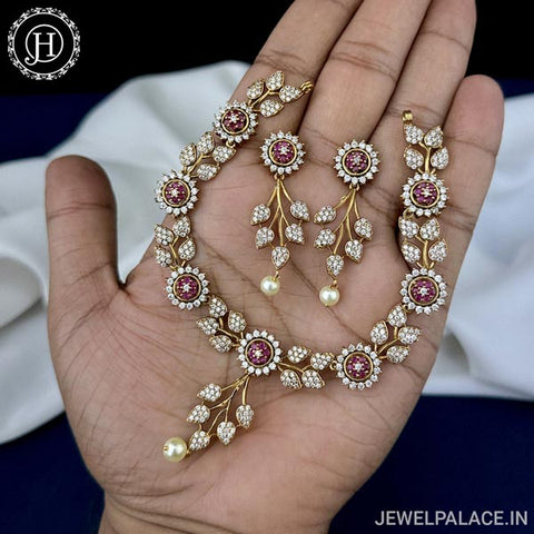 Beautiful Gold Finish AD Stone Floral Leaf Design Necklace JH5450