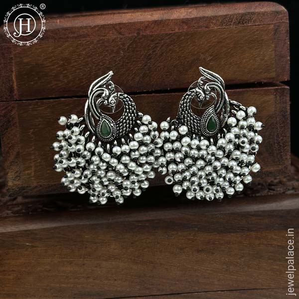 German Silver Plated Beaded Oxidized Earrings JH5662 Green