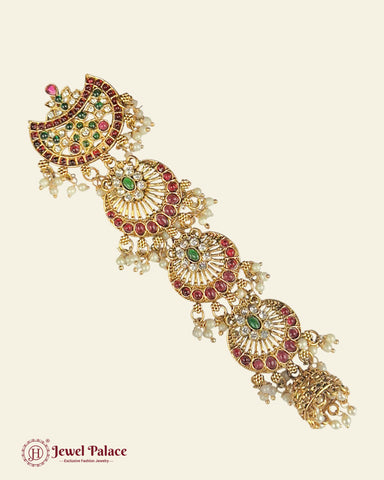 Exclusive Gold Plated Kemps Stone Pearls Traditional Jadai Billai JH5782