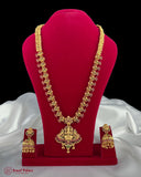 Gold necklace and earrings set on a red velvet stand with 'Jewel Palace' branding.