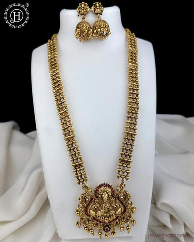 Beautiful Gold Finish Kemp Stone Temple Haram Set JH5850
