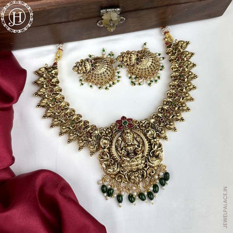 Beautiful Gold Finish Kemp Stone Temple Necklace Set JH5853