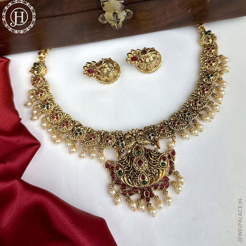 Beautiful Gold Finish Kemp Stone Temple Necklace Set JH5854