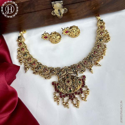 Beautiful Gold Finish Kemp Stone Temple Necklace Set JH5856