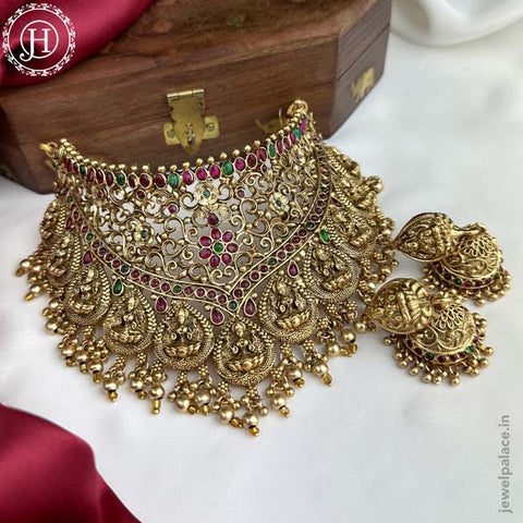 Elegant Gold Plated Temple Choker Set With Earrings JH5897