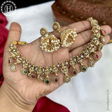 Beautiful Gold Finish Kemp Stone Temple Necklace Set JH5899