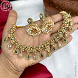 Beautiful Gold Finish Kemp Stone Temple Necklace Set JH5899