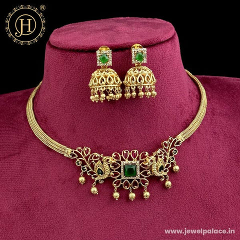 Beautiful Gold Finish Kemp Stone Temple Necklace Set JH5917
