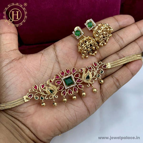 Beautiful Gold Finish Kemp Stone Temple Necklace Set JH5917