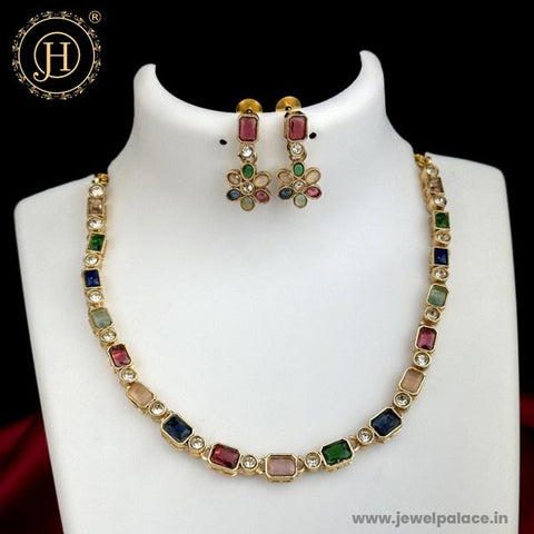 Beautiful Gold Finish Kemp Stone Temple Necklace Set JH5918