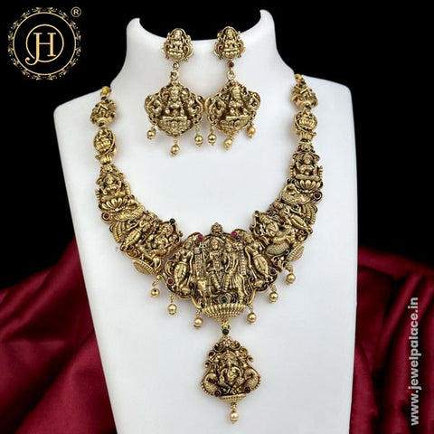 Beautiful Gold Finish Kemp Stone Temple Necklace Set JH5919