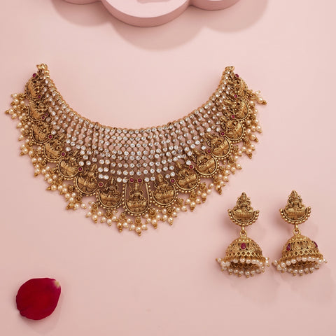 Elegant Gold Plated Temple Choker Set With Earrings JH5926