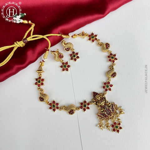Traditional Gold Plated Kemp Stone Temple Necklace Set JH5944